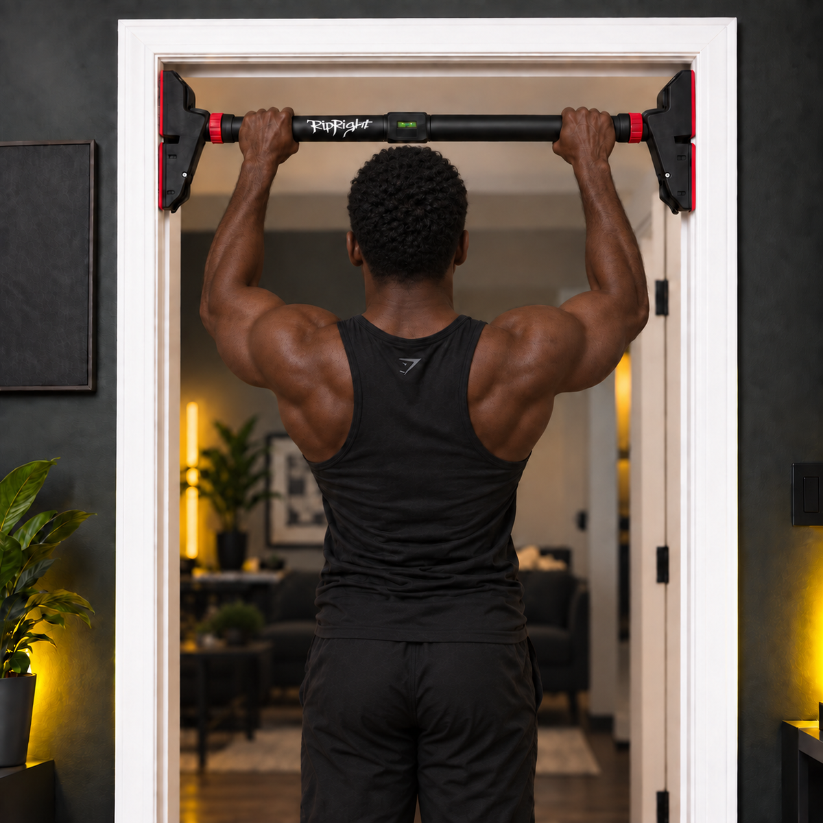 Athlete doing pull-ups on the RipRight PullBar doorway pull-up bar